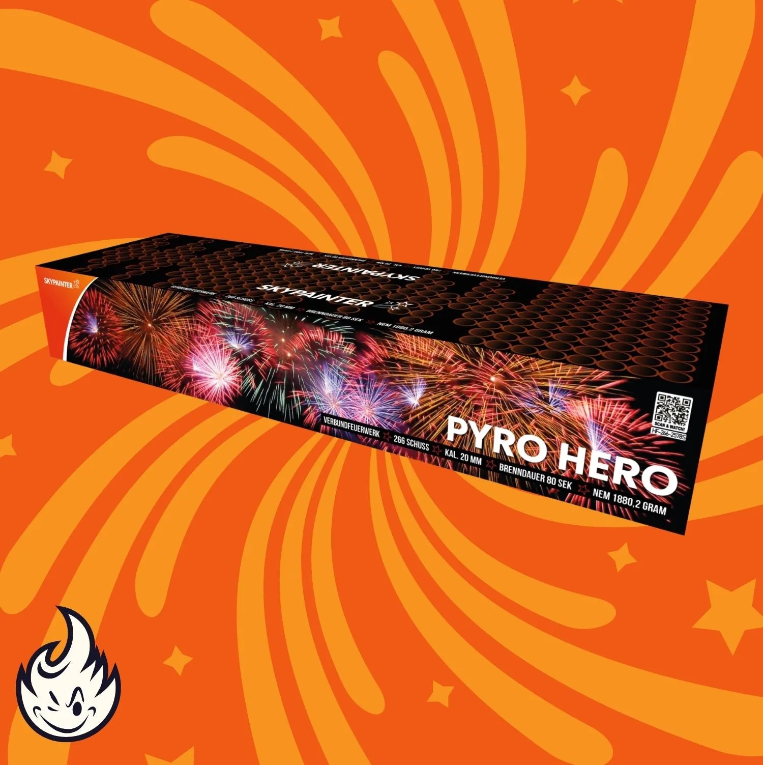 Eine rechteckige Sky Painter Pyro Hero Feuerwerksdose von Sky Painter wird vor einem orangefarbenen, wirbelgemusterten Hintergrund mit illustriertem Feuerwerk gezeigt. In der unteren linken Ecke erscheint eine kleine Flamme.