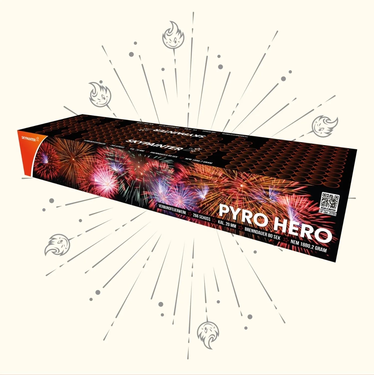 Die rechteckige "Sky Painter Pyro Hero"-Feuerwerksdose von Sky Painter mit lebhaften Feuerwerksbildern auf der Verpackung steht vor einem hellen Hintergrund mit illustrierten Flammen und Funkenlinien, die nach außen strahlen.