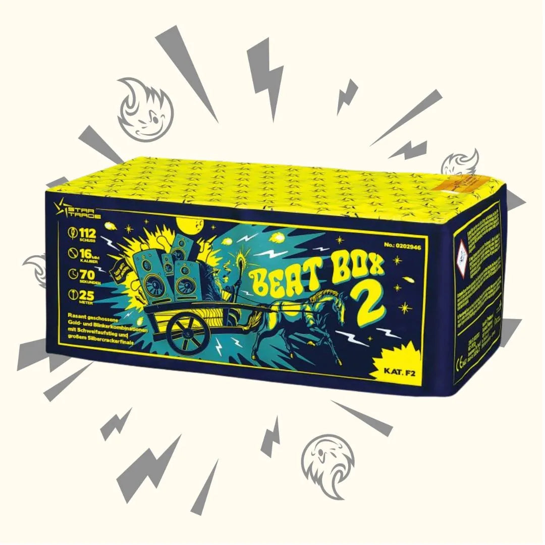 Die Startrade Beatbox 2 von Startrade ist eine rechteckige Feuerwerksbox mit dynamischen Lautsprechergrafiken, Musiknoten und einem lebendigen gelb-blauen Hintergrund. Auf der Verpackung werden Statistiken zu Schüssen, Dauer und Höhe angezeigt.