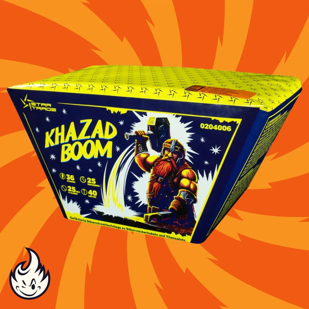 Die Startrade Khazad Boom Fan Feuerwerksdose von Startrade zeigt einen Zwergenkrieger mit einem Hammer, einer gelben Oberseite, blauen Seiten, einem orangefarbenen Wirbelhintergrund und einem Flammensymbol in der Ecke.