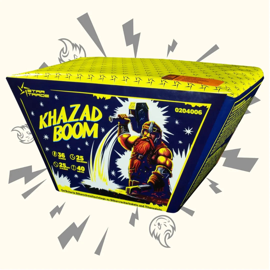 Der Startrade Khazad Boom Fan von Startrade zeigt einen bärtigen Zwerg mit einem Hammer, der von gelben Sternen und Blitzen umgeben ist. Die Box zeigt Produktdetails und ein lebendiges Sternenmuster für einen auffälligen Look.