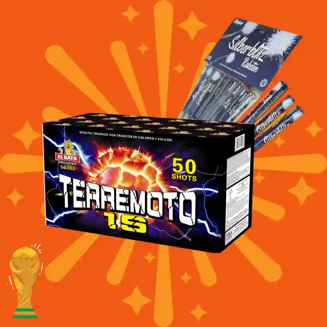 Eine Schachtel mit COMBI-DEALS 💣 Kombi Terremoto 1s + Silberblitz-Raketen ist vor mehreren Packungen zu sehen, vor einem orangefarbenen Hintergrund mit der Abbildung einer Trophäe.