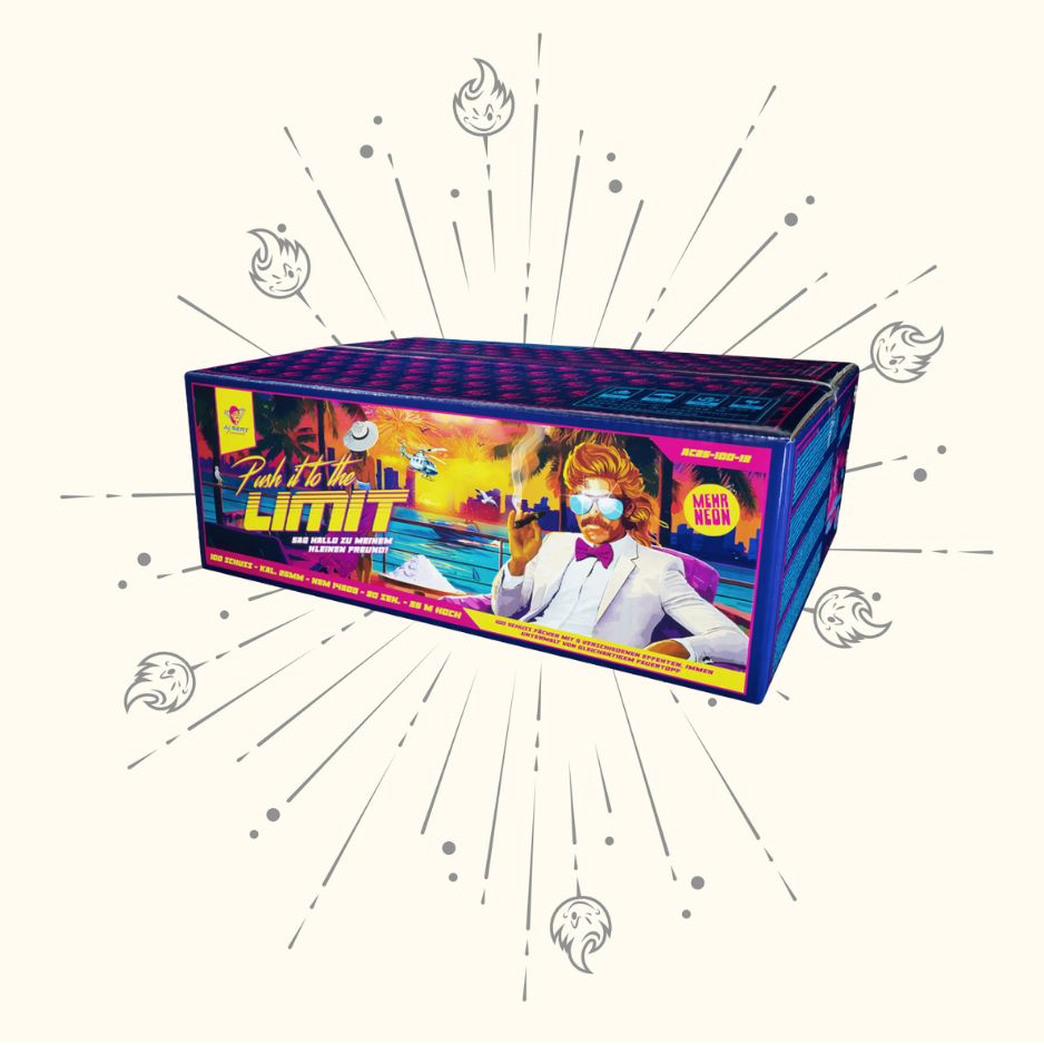 Die "Push it to the Limit 100sh ALBERT"-Feuerwerksbatterie von Albert zeigt eine auffällige Retro-Grafik mit einem Sonnenbrillenträger, bunten Linien und Flammensymbolen auf einem hellen Hintergrund für ein auffälliges Fest.