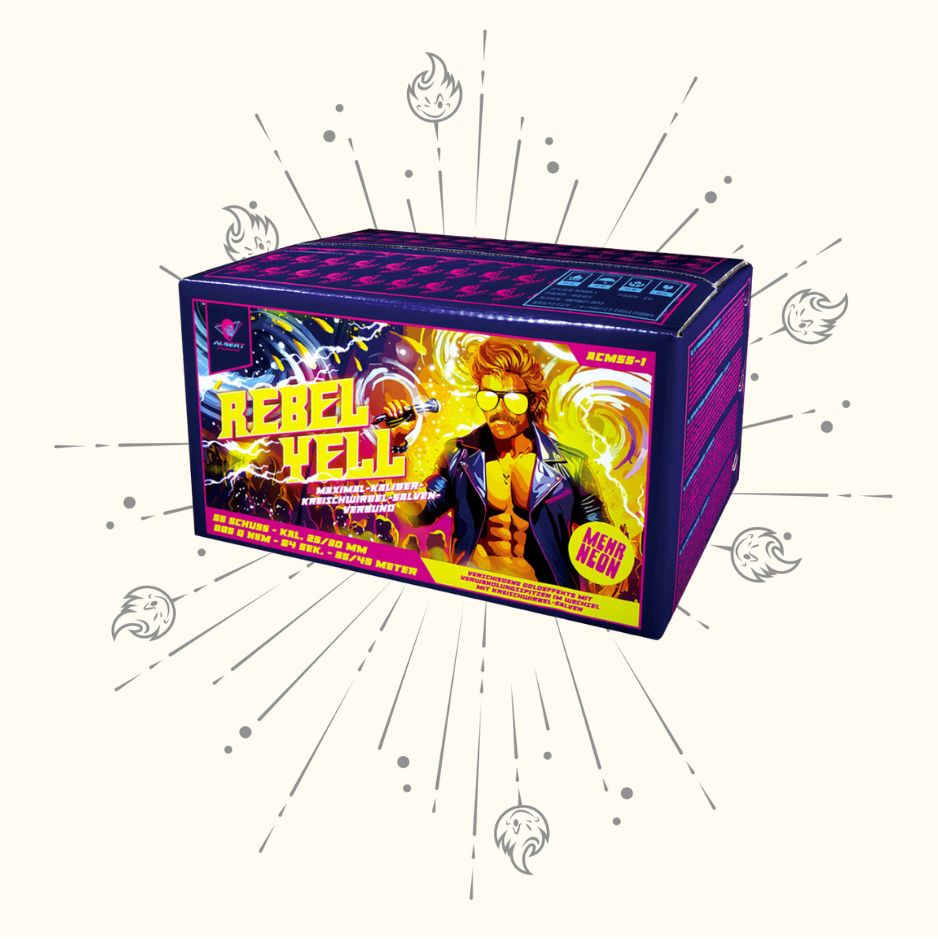 Das "Albert Rebel Yell Verbundfeuerwerk 64sh" von Albert besticht durch Neonfarben, dynamischen Text und eine illustrierte Figur mit Sonnenbrille und glühenden Fäusten auf der Schachtel, umgeben von leuchtenden Flammen und Blitzgrafiken.