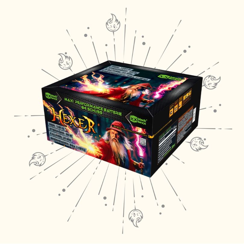 Die Blackboxx Der Hexer 84sh Compound Box zeigt einen Zauberer mit einem glühenden Stab inmitten von Feuerwerkskörpern und Flammen - ein dramatisches Verbundfeuerwerk von Blackboxx.