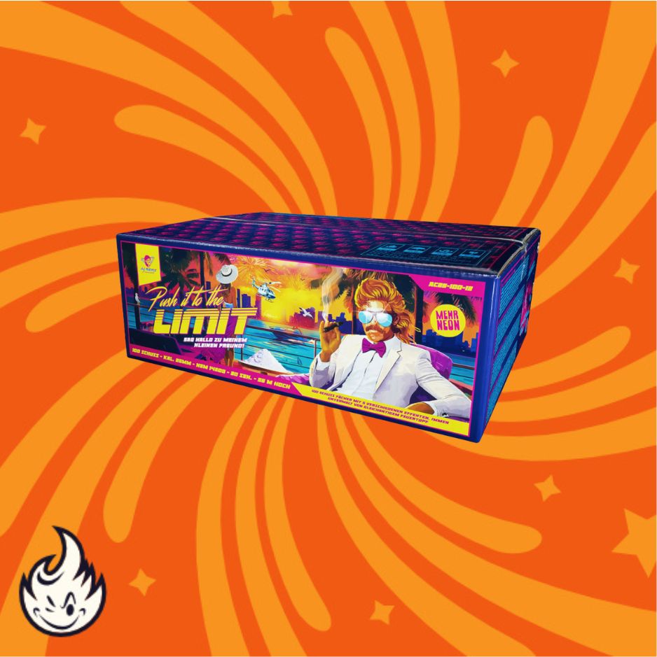 Die Albert Push it to the Limit Feuerwerksbatterie von Albert hat ein Retro-Box-Design mit einem Mann mit Sonnenbrille und weißem Anzug auf orangefarbenem Hintergrund, wirbelnden gelben Mustern, Flammensymbol und effektreicher 100 Schuss-Anzeige.