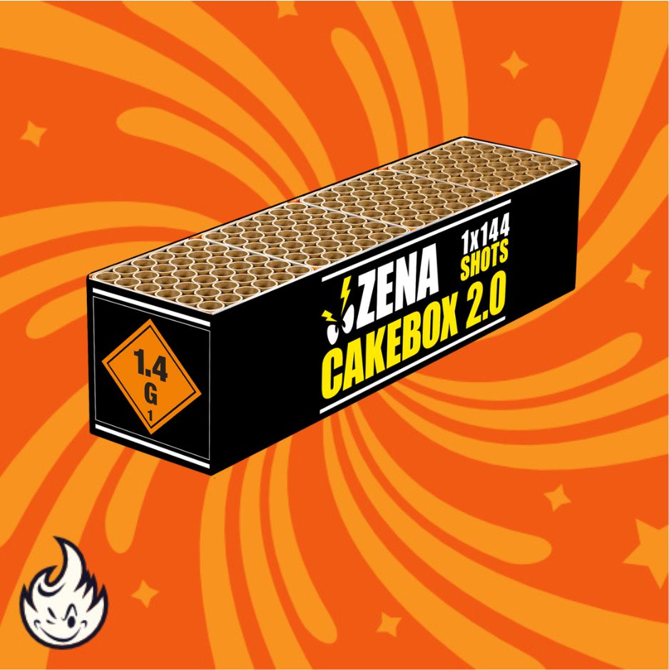 Rechteckige Zena-Feuerwerksdose mit der Aufschrift "Zena Cakebox 2.0" und einem 1.4G-Warnzeichen vor einem orangefarbenen Hintergrund mit gelben Wirbeln und einem kleinen Flammensymbol in der Ecke.