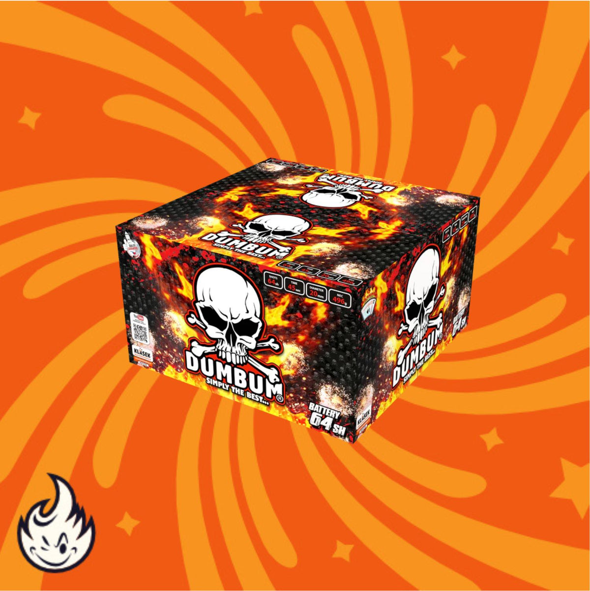 Eine schwarze Dumbum 64/20-mm-Feuerwerksdose mit dem Dumbum-Markenzeichen, einem Totenkopfmuster auf orangefarbenem Hintergrund mit wirbelnden Mustern, Sternen und einem weißen Flammenlogo in der unteren linken Ecke.