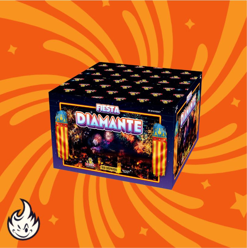 Eine leuchtende Feuerwerkskiste mit der Aufschrift "El Gato Diamante" von El Gato steht vor einem orangefarbenen Hintergrund mit gelben Wirbeln und einem kleinen weißen Flammensymbol, auf dem Bilder von Feuerwerkskörpern und bunten Dekorationen zu sehen sind.
