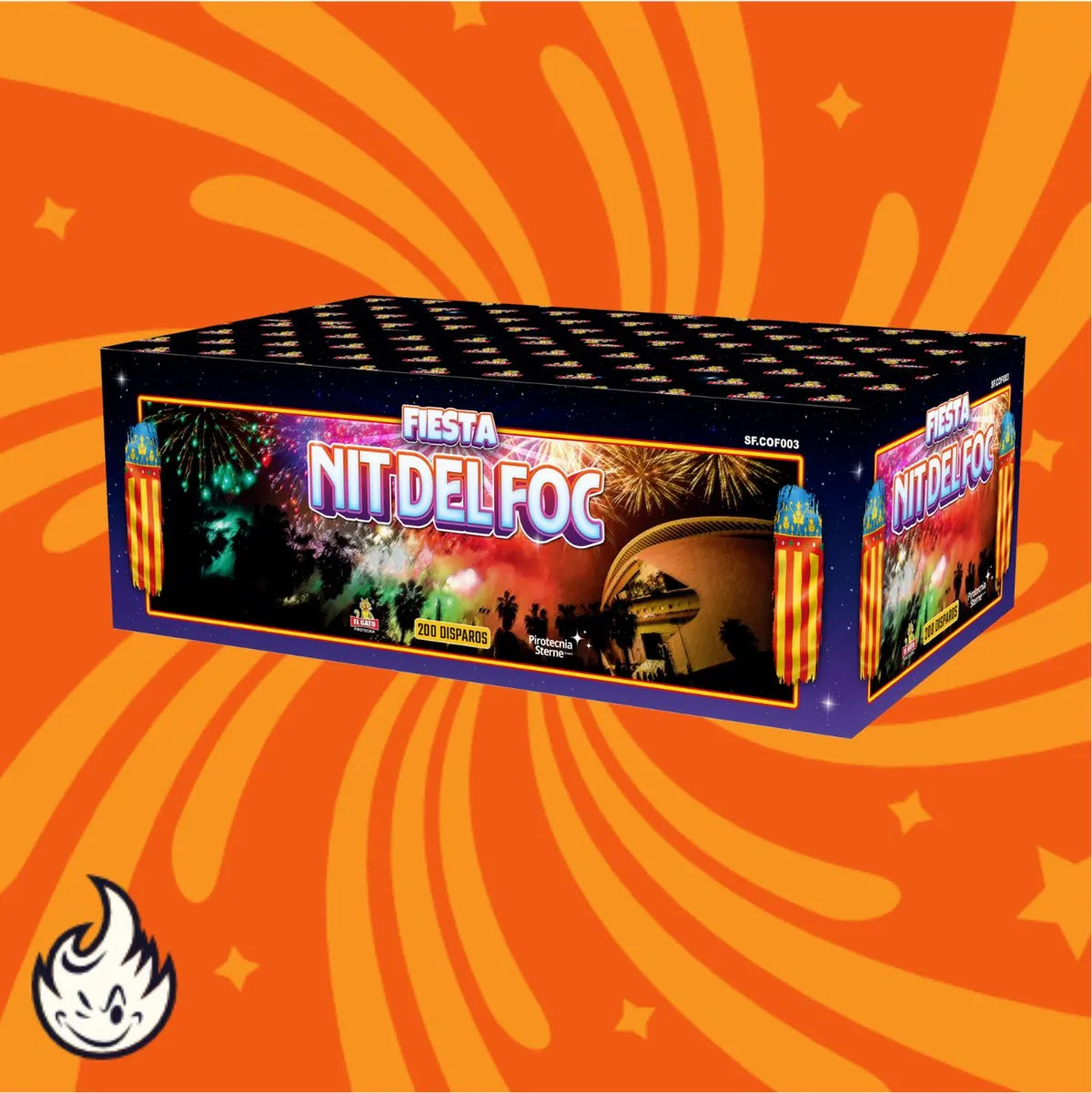Eine farbenfrohe "El Gato Fiesta Nit del Foc"-Feuerwerksdose von El Gato mit buntem Feuerwerk und einem Gebäude auf einem orangefarbenen Hintergrund mit Starburst-Motiven. In der unteren linken Ecke ist ein kleines Flammensymbol zu sehen.