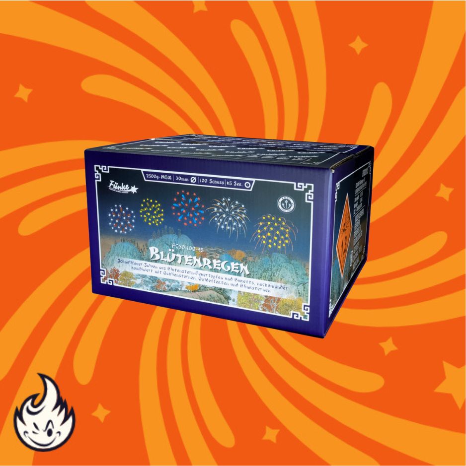 Die Funke Blütenregen Cakebox von Funke hat eine festliche Verpackung mit Feuerwerk.