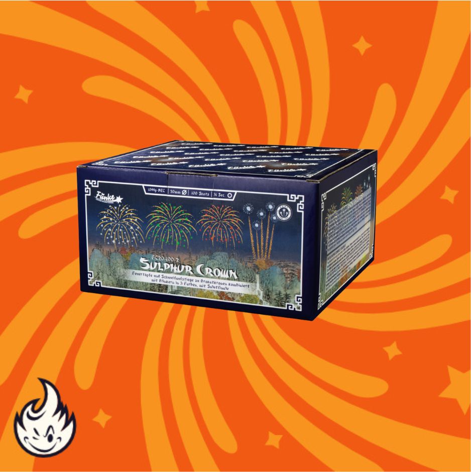 Eine Schachtel Funke Sulphur Crown F2 Cakebox 100sh Feuerwerk von Funke zeigt bunte Feuerwerksgrafiken auf einer orangefarbenen Schachtel mit wirbelnden Mustern, gelben Sternen und einem weißen Flammenlogo in der linken unteren Ecke.