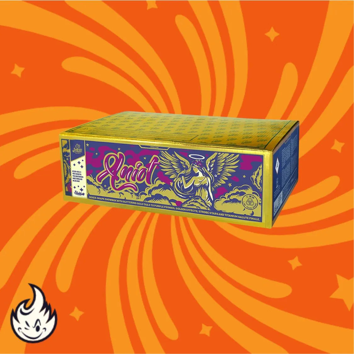 Eine leuchtend orangefarbene Schachtel mit dem stilisierten Schriftzug "Iskra", einer von Iskra Anioł inspirierten Engelsillustration, wirbelnden Mustern, 103 Schuss und einem Flammensymbol - die perfekte Wahl für Ihr nächstes Verbundfeuerwerk.