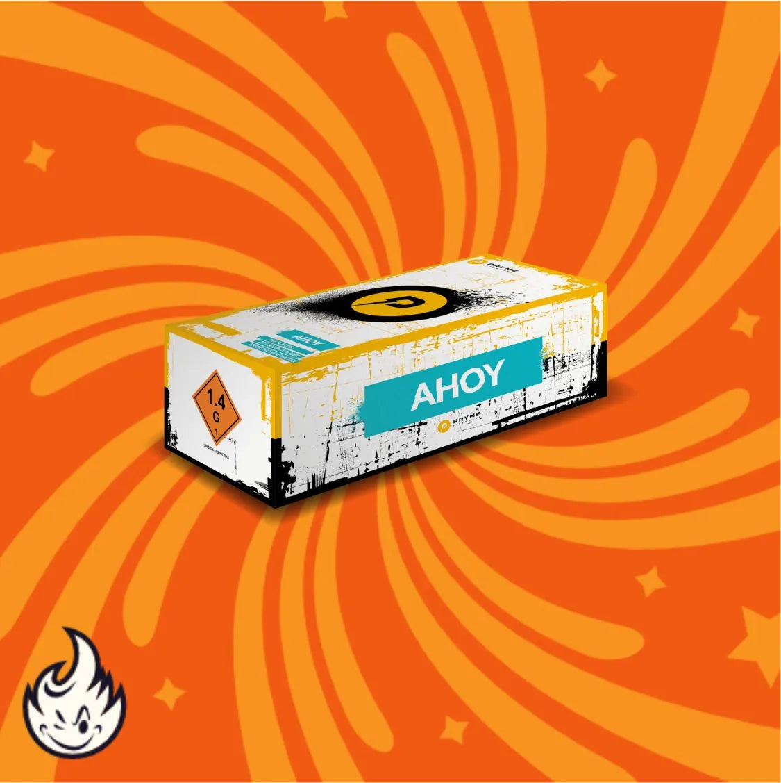 Eine rechteckige Pryme-Ahoi-Schachtel mit einem gelben Gefahrensymbol und der Marke Pryme steht vor einem orangefarbenen Hintergrund mit wirbelnden gelben Mustern, kleinen Sternen und einem weißen Flammenlogo in der unteren linken Ecke.