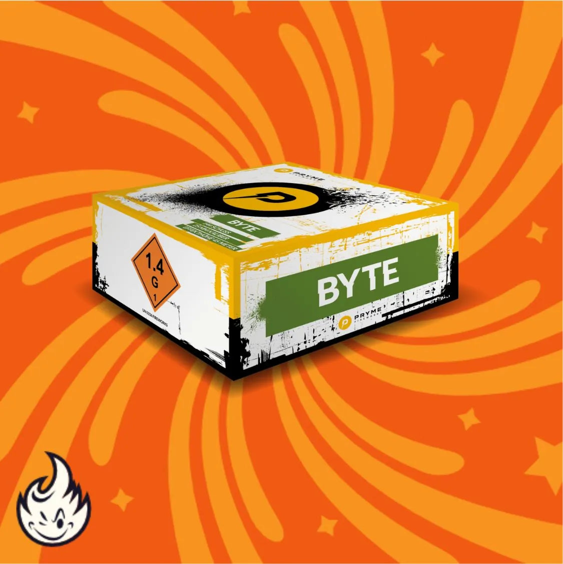 Eine Schachtel mit der Aufschrift "Pryme Byte" und einem 1,4G-Warnhinweis steht mittig auf einem orangefarbenen Hintergrund mit gelben Wirbeln und Sternen. Das Pryme-Flammenlogo befindet sich in der unteren linken Ecke.