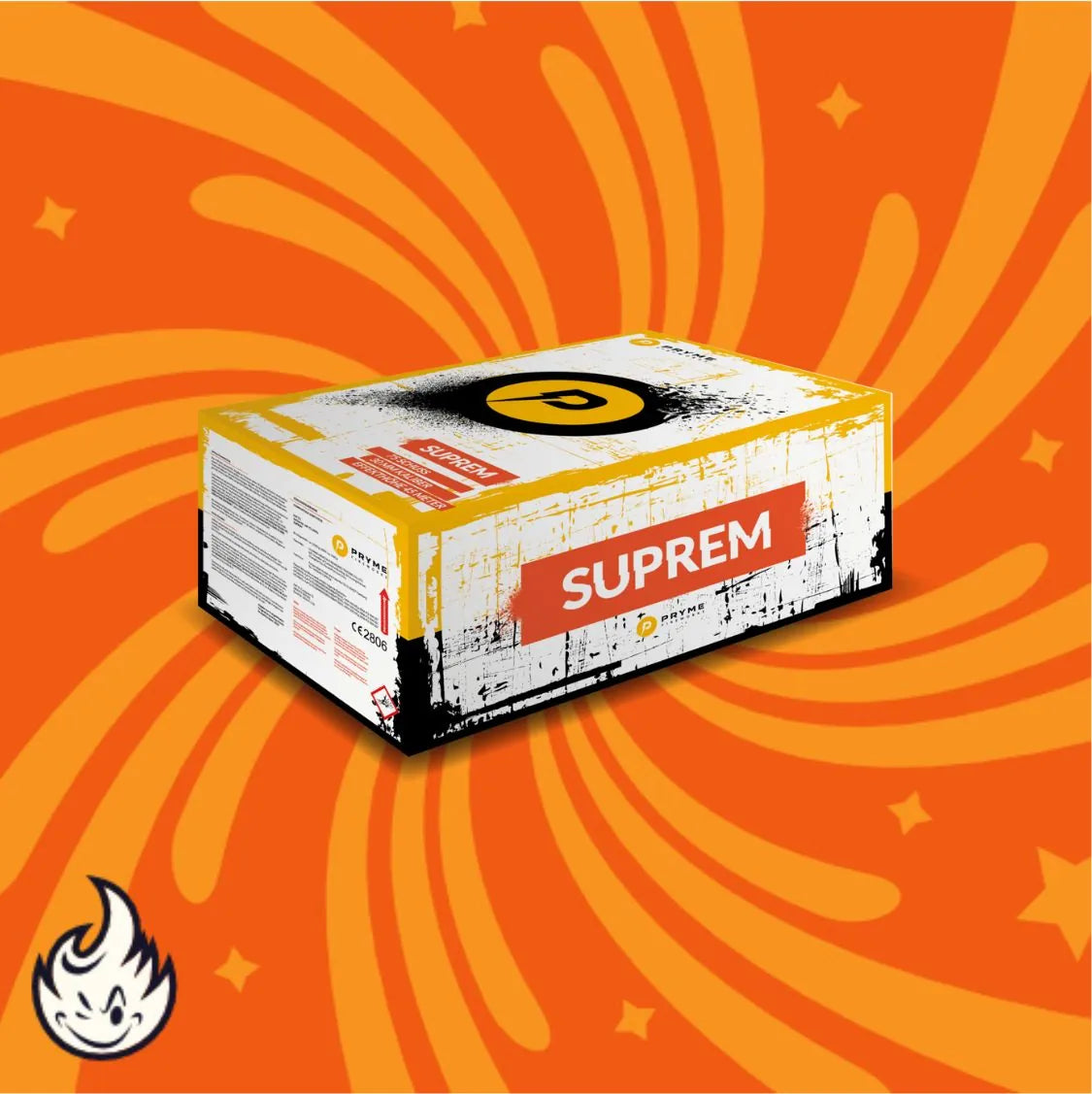 Eine rechteckige Pryme Suprem-Box, weiß mit gelben und schwarzen Akzenten, steht auf einem orangefarbenen Hintergrund mit wirbelnden Linien und Sternen. Der Markenname Pryme erscheint, und ein kleines Flammensymbol befindet sich in der unteren linken Ecke.