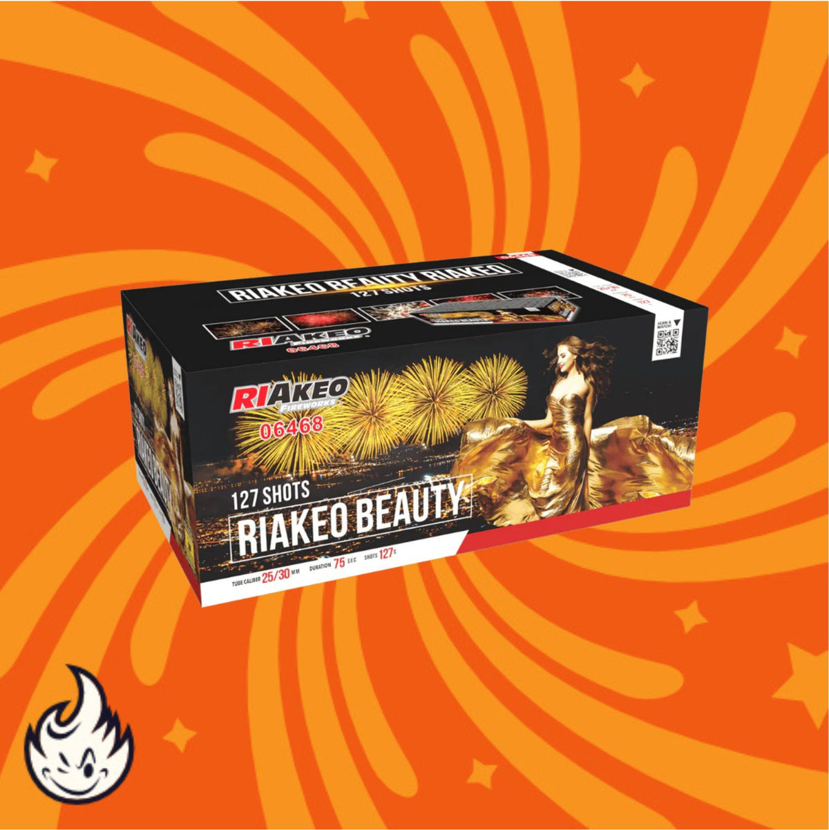 Eine schwarze Feuerwerksdose mit der Aufschrift "Riakeo Beauty" von RIAkeo zeigt eine Frau in einem goldenen Kleid, ein helles Feuerwerk, einen orangefarbenen Hintergrund mit wirbelnden Mustern und ein kleines weißes Flammensymbol in der Ecke.