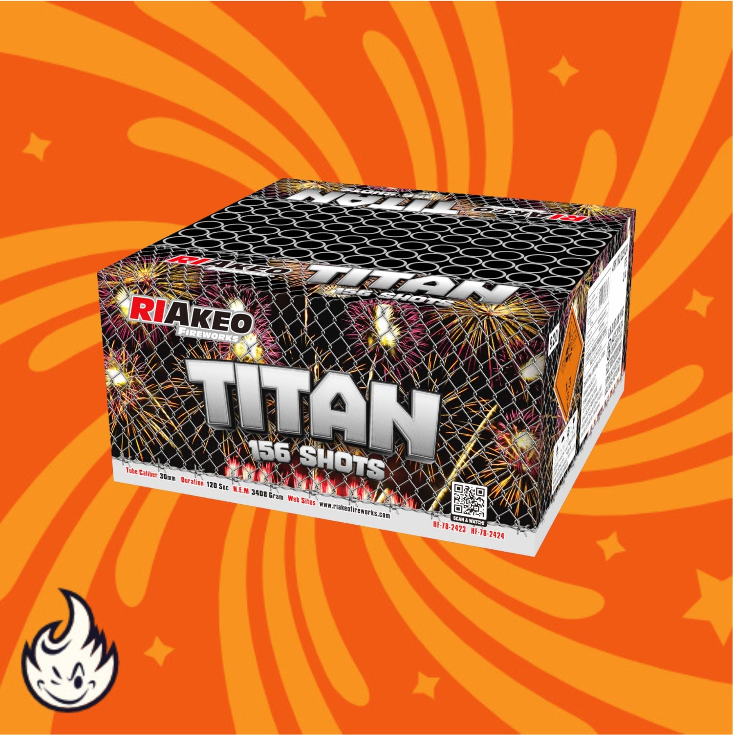 Eine Riakeo Titan Feuerwerksdose von RIAkeo wird vor einem orangefarbenen Hintergrund mit gelben Starburst-Mustern und einem kleinen Flammenlogo in der Ecke gezeigt.