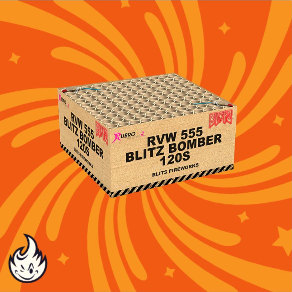 Eine große Schachtel mit der Aufschrift "Rubro Blitz Bomber 120s" von Rubro mit mehreren Röhren steht vor einem orangefarbenen Hintergrund mit wirbelnden gelben Mustern und einem weißen Flammenlogo in der Ecke.