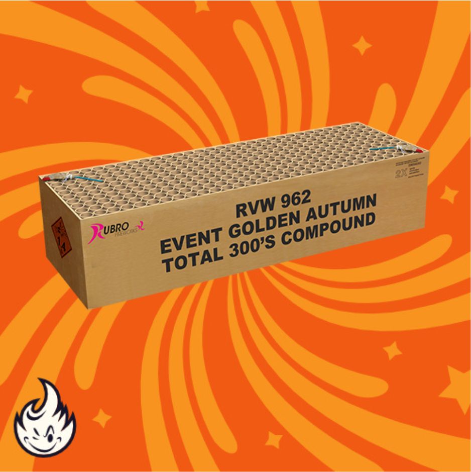 Ein rechteckiger Kasten mit der Aufschrift "Rubro Event Golden Autumn" steht vor einem orangefarbenen Hintergrund mit gelben Spiralen. Die Box zeigt Gefahrensymbole, das Rubro-Logo und ein kleines Flammensymbol in der Ecke.