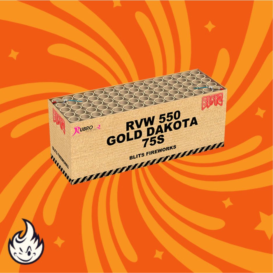 Eine rechteckige Schachtel mit der Aufschrift "Rubro Gold Dakota Blits 75sh" von Rubro ist vor einem orangefarbenen, wirbelnden Hintergrund mit einem kleinen weißen Flammenlogo in der unteren linken Ecke abgebildet.