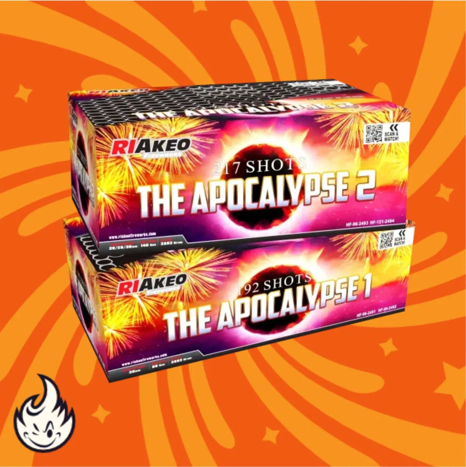Die Riakeo The Apocalypse 1 + 2 Showbox von RIAkeo zeigt zwei leuchtende Feuerwerkskörper auf orangefarbenem Hintergrund mit Feuerwerksgrafik und Flammensymbol, die ihr spektakuläres Verbundfeuerwerk unterstreichen.