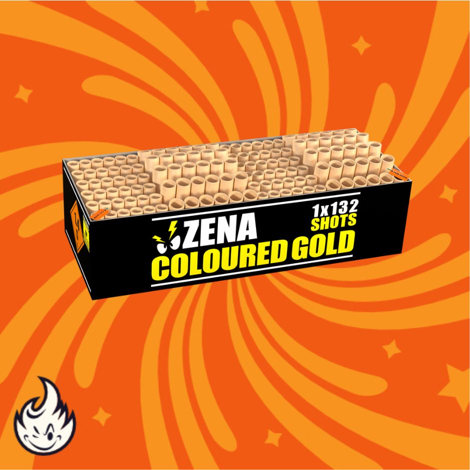 Eine rechteckige Zena Coloured Gold Feuerwerksdose von Zena erscheint auf einem orangefarbenen, verwirbelten Hintergrund mit einem kleinen Flammensymbol in der unteren linken Ecke.