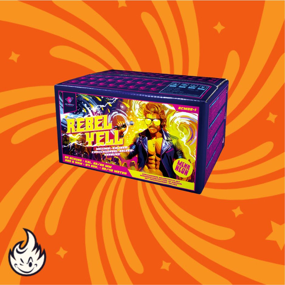 Die leuchtende Albert Rebel Yell Verbundfeuerwerk 64sh Feuerwerksdose zeigt einen sonnenbebrillten Mann in einer Lederjacke im Neon-Stil auf einem orangefarbenen Hintergrund mit wirbelnden gelben Mustern und einem weißen Flammensymbol. Marke: Albert.