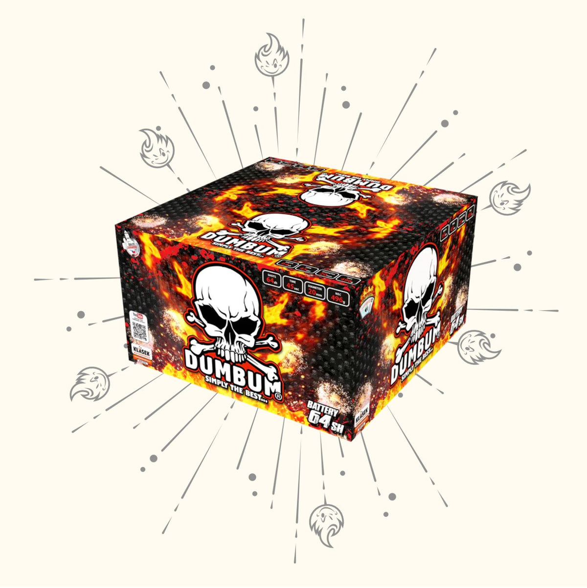 Eine Dumbum 64/20mm Feuerwerksdose von Dumbum zeigt ein flammendes Totenkopf-Logo auf einem feurigen Hintergrund, akzentuiert mit Flammensymbolen und strahlenden Linien auf einem hellbeigen Hintergrund.