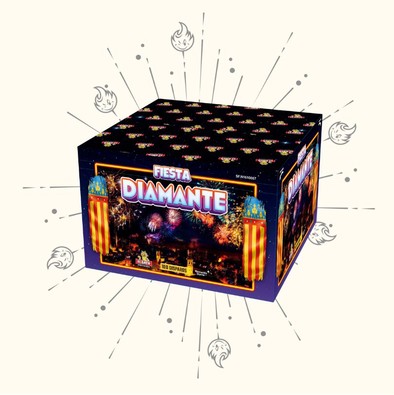 Eine farbenfrohe Schachtel mit der Aufschrift "El Gato Diamante" von El Gato ist mit einem Feuerwerk, funkelnden Lichtern und festlichen Motiven versehen, was darauf hindeutet, dass sie perfekt für Feiern geeignet ist. Glitzernde Illustrationen schmücken den Hintergrund der Verpackung.
