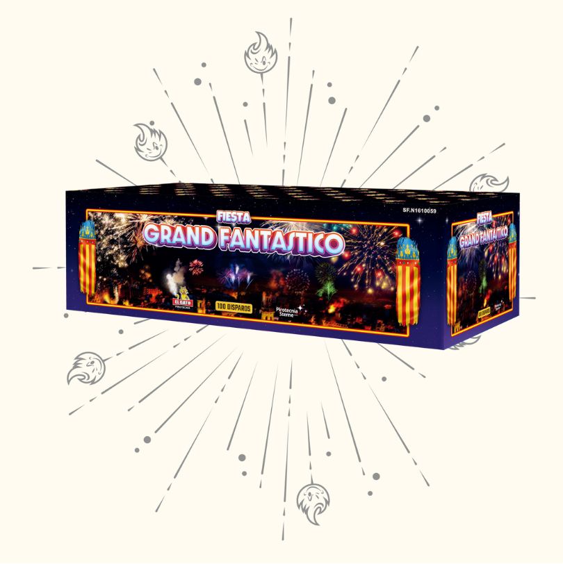 Eine rechteckige Feuerwerksdose "El Gato Fiesta Grand Fantastico" von El Gato mit lebhaften Feuerwerks-Illustrationen auf hellem Hintergrund mit Starburst- und Flammenkritzeleien.