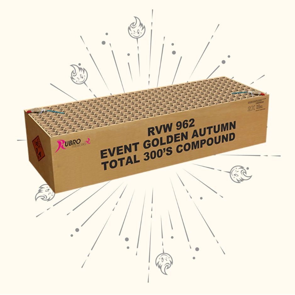 Eine große rechteckige Rubro Event Golden Autumn Feuerwerksdose mit der Aufschrift "Rubro", mit Starburst- und Feuerwerksgrafiken im Hintergrund.