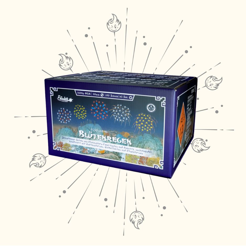 Die Funke Blütenregen Cakebox von Funke ist eine rechteckige Feuerwerksbox mit farbenfrohen Feuerwerkskörpern und szenischen Darstellungen, die auf einem hellen Hintergrund mit stilisierten Flammen- und Plattendesigns stehen.
