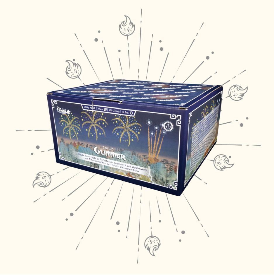 Eine blau-weiße Schachtel mit der Aufschrift "Funke Glimmer F2 Cakebox" von Funke, auf der ein Feuerwerk abgebildet ist, vor einem hellen Hintergrund mit illustrierten Feuerwerkskörpern und funkelnden Mustern, die nach außen strahlen.