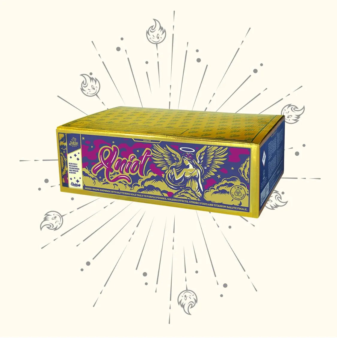 Eine lebendige Iskra Anioł Räucherstäbchenbox von Iskra zeigt eine Engelsillustration in Lila, Gelb und Rosa auf einem hellen Hintergrund mit strahlenden Zierlinien und Flammenmotiven, die an einen Funkenregen erinnern.