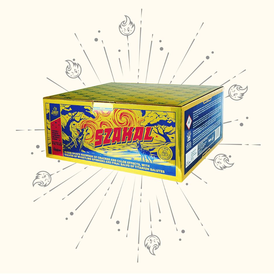 Eine leuchtende Schachtel mit der Aufschrift "Iskra Szakal Verbundfeuerwerk 99sh" von Iskra zeigt leuchtend gelbe, rote und blaue Grafiken mit Abbildungen von Wölfen und Bäumen auf einem hellen Hintergrund, der mit Feuerwerkskörpern und Flammen verziert ist.