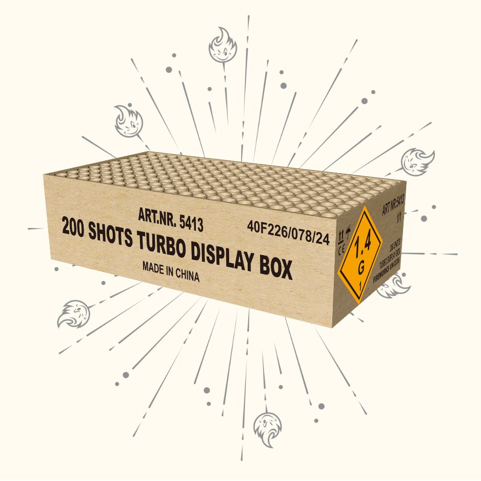 Eine rechteckige Magnum 200 Shots Turbo Display Box Feuerwerkspackung mit Sicherheitsmarkierungen steht auf einem hellen Hintergrund mit illustrierten Flammen- und Funkenmustern, die nach außen strahlen.