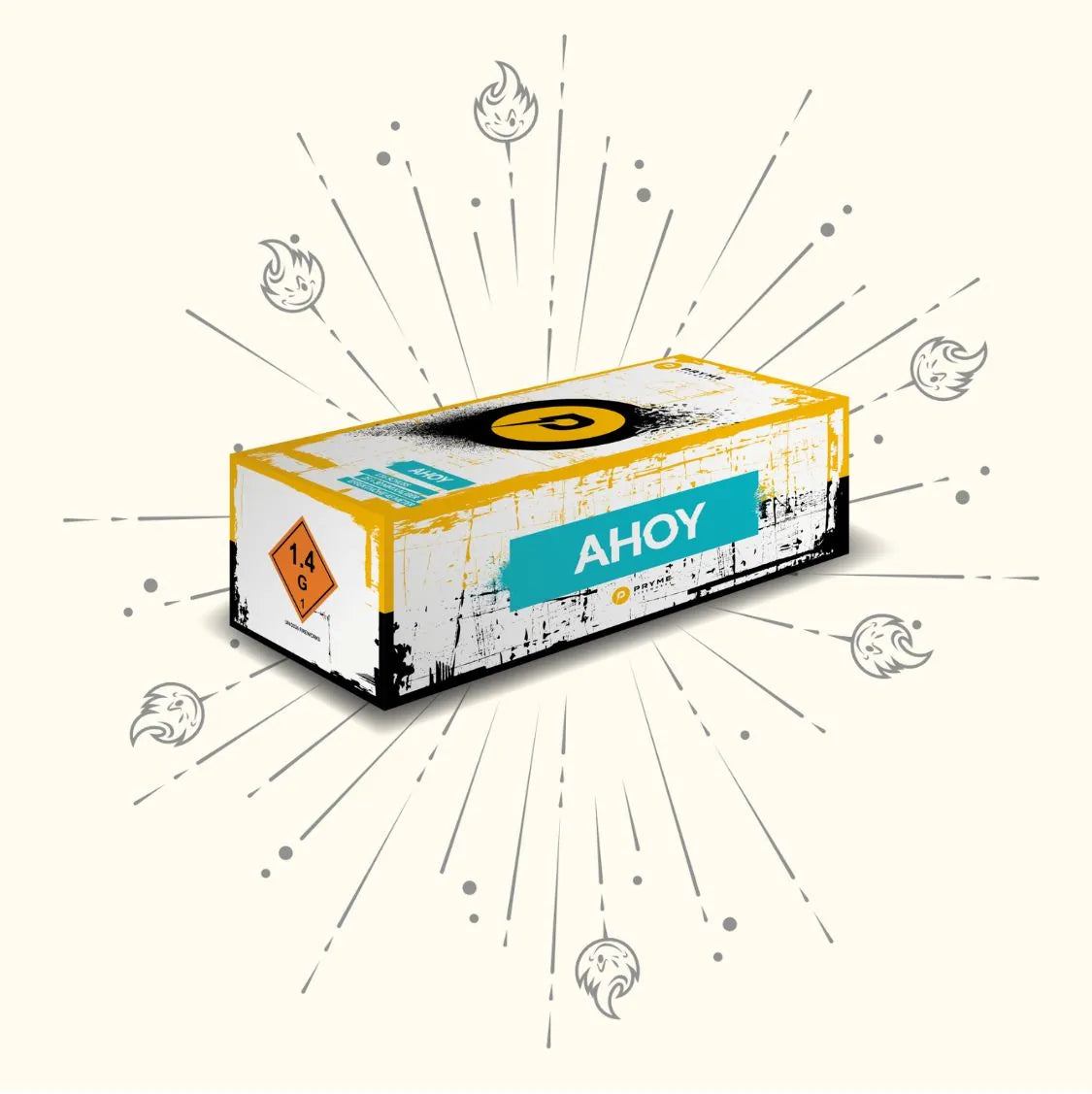 In der Mitte befindet sich eine rechteckige Box mit der Aufschrift "Pryme Ahoy" und einem stilisierten Design der Marke Pryme, umgeben von strahlenden Linien und kleinen Flammensymbolen auf hellem Hintergrund.
