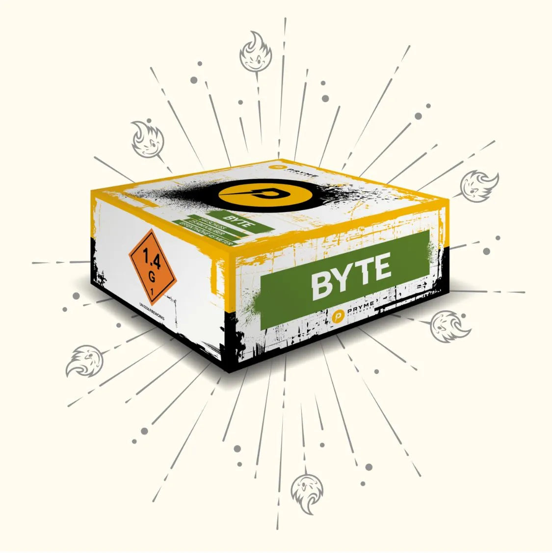 In der Mitte befindet sich eine stilisierte Box mit der Aufschrift "Pryme Byte" und dem Warnhinweis "1.4G", umgeben von strahlenden Linien und kleinen Flammensymbolen, alles vor einem hellen Hintergrund. Marke: Pryme.
