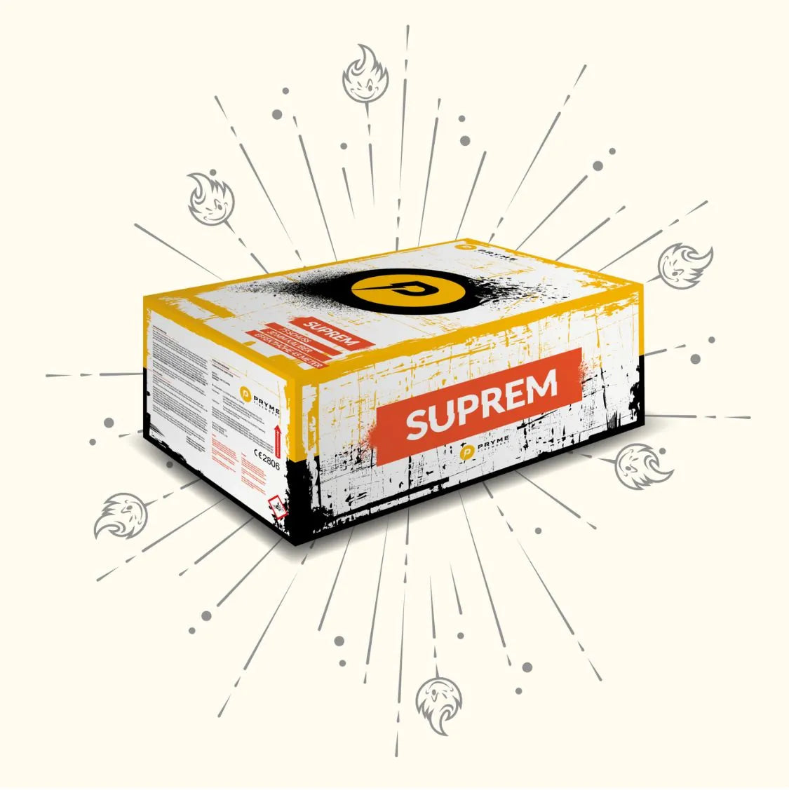 Ein Pryme Suprem-Karton mit gelbem und schwarzem Design und der Marke Pryme in der Mitte auf hellem Hintergrund, akzentuiert mit schwarzen Linien und Flammensymbolen, die nach außen strahlen.