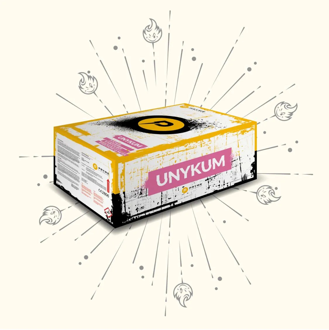 Ein gelber und schwarzer rechteckiger Kasten mit der Aufschrift "Pryme Unykum" von Pryme steht in der Mitte eines hellen Hintergrunds, der von schwarzen Linien und kleinen Flammensymbolen umgeben ist.