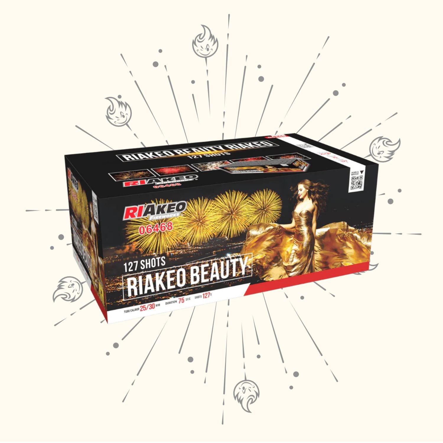 RIAkeo Schönheit von RIAkeo: Eine 127-teilige Feuerwerksbox mit einer golden gekleideten Frau, leuchtend gelbem Feuerwerk, Produktdetails und illustriertem Feuerwerk mit Flammen im Hintergrund.