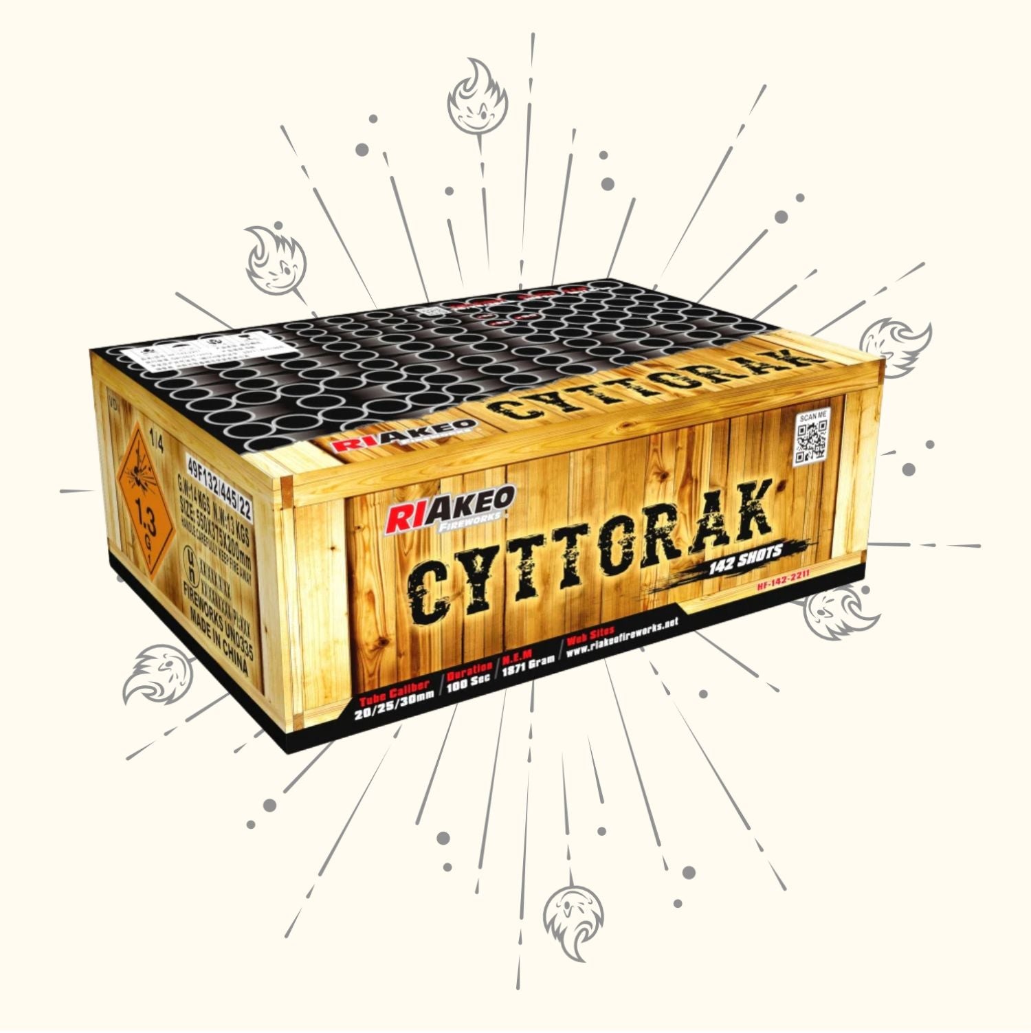 Eine rechteckige Holzkiste mit der Aufschrift "Riakeo Cyttorak" und dem Schriftzug RIAkeo, "143 Schuss" und Gefahrenhinweisen wird vor einem hellen Hintergrund mit Feuerwerksabbildungen gezeigt.