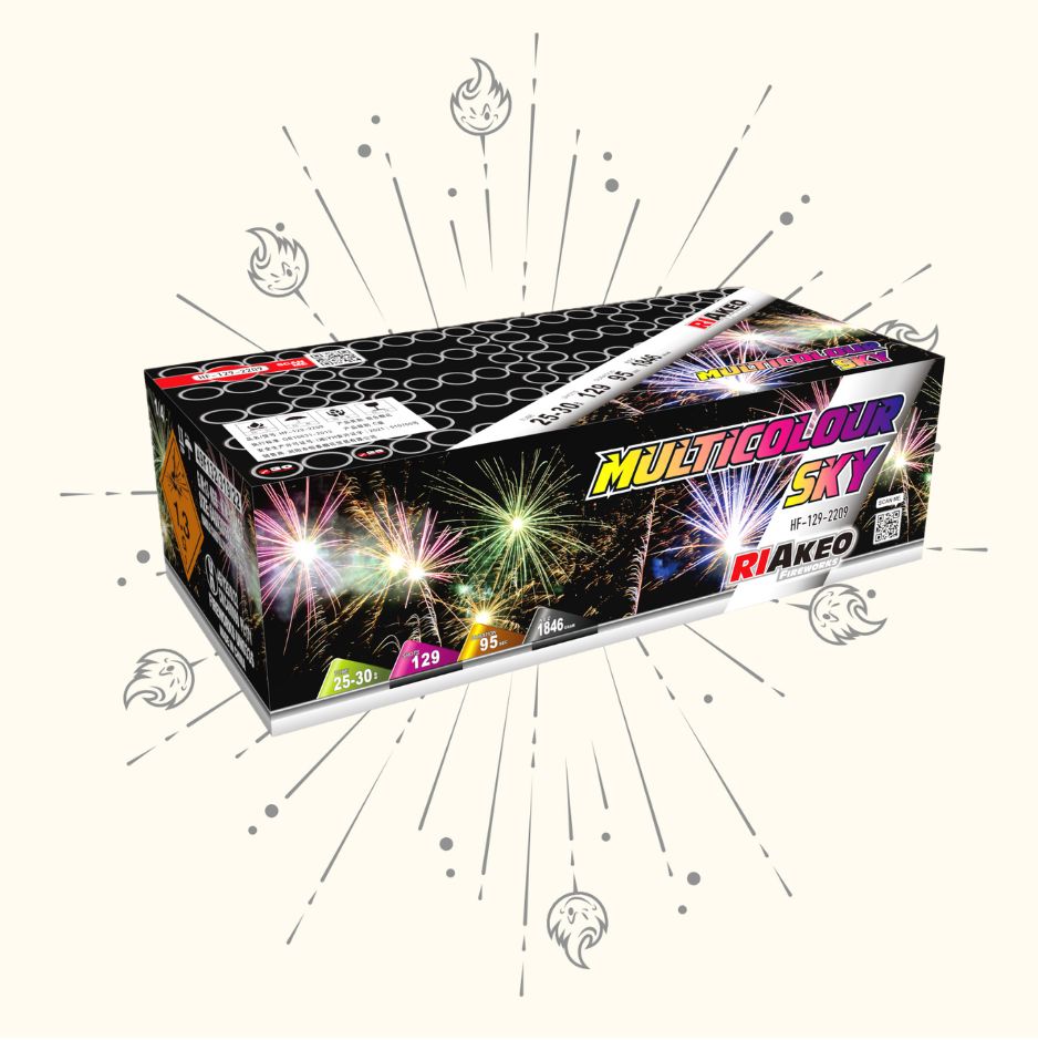 Die farbenfrohe Riakeo Multicolor Sky Feuerwerksbox von RIAkeo zeigt Feuerwerkskörper, Sicherheitssymbole und Spezifikationen auf einem hellen Hintergrund mit Feuerwerksillustrationen - ideal für Ihre Verbundfeuerwerk- oder Feuerwerk 2024-Feierlichkeiten.