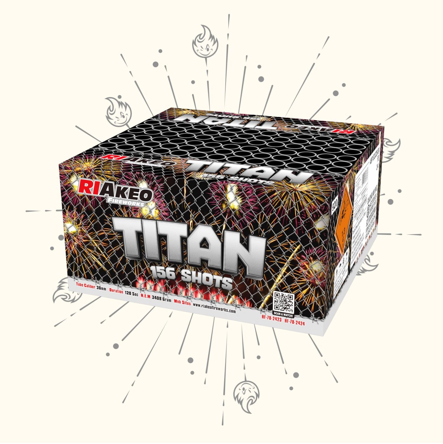 Eine Schachtel mit Feuerwerkskörpern der Marke RIAkeo Titan 156 Shots, mit bunter Verpackung und schwarzen zylindrischen Abschussrohren an der Spitze, vor einem hellen Hintergrund mit illustrierten Explosionen und Flammen.