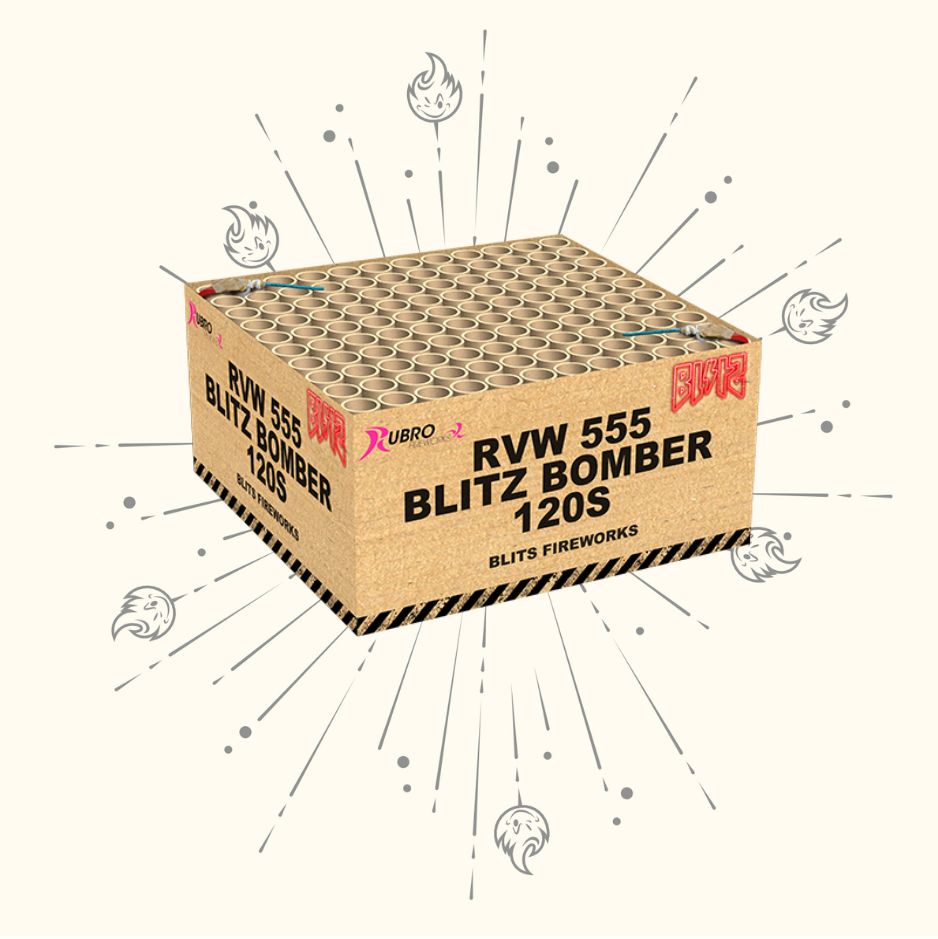 Ein Karton mit der Aufschrift "Rubro Blitz Bomber Blits 120sh" von Rubro, der mehrere zylindrische Röhren enthält, wird auf einem hellen Hintergrund mit illustriertem Feuerwerk und Funken dargestellt.