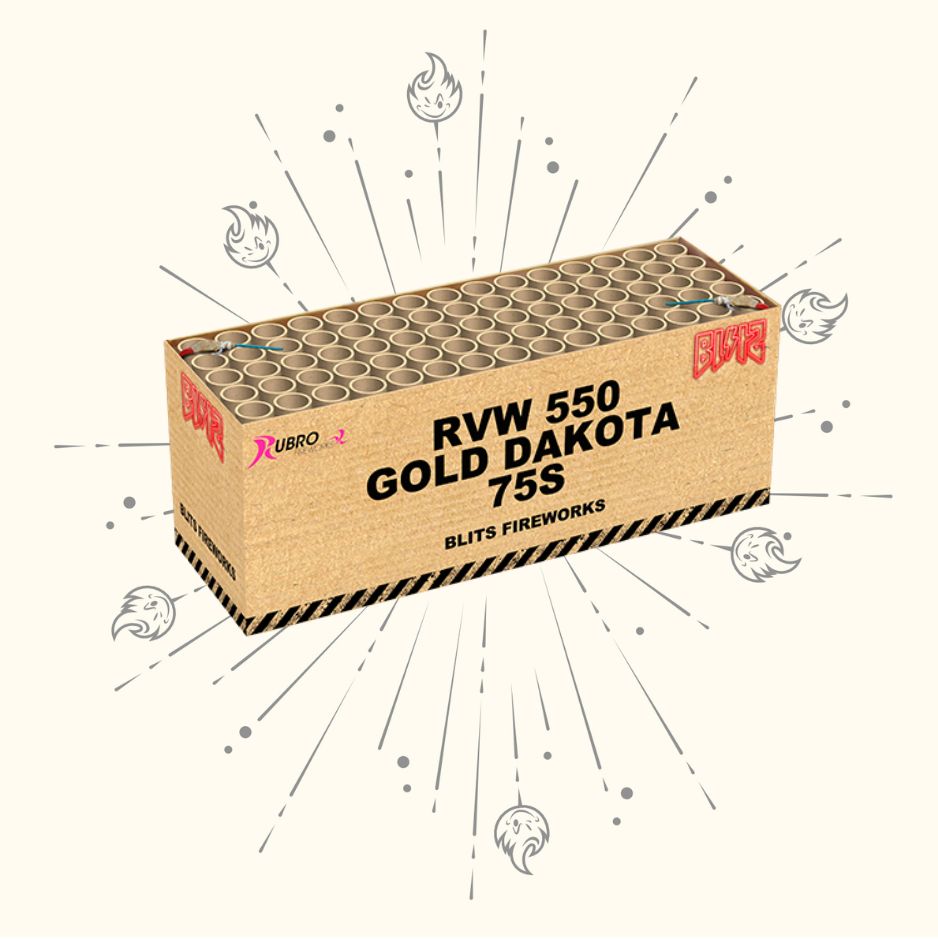 Abgebildet ist eine rechteckige Pappschachtel mit der Aufschrift "Rubro Gold Dakota Blits 75sh" von Rubro, umgeben von illustrierten Feuerwerkskörpern und Flammensymbolen auf hellem Hintergrund.