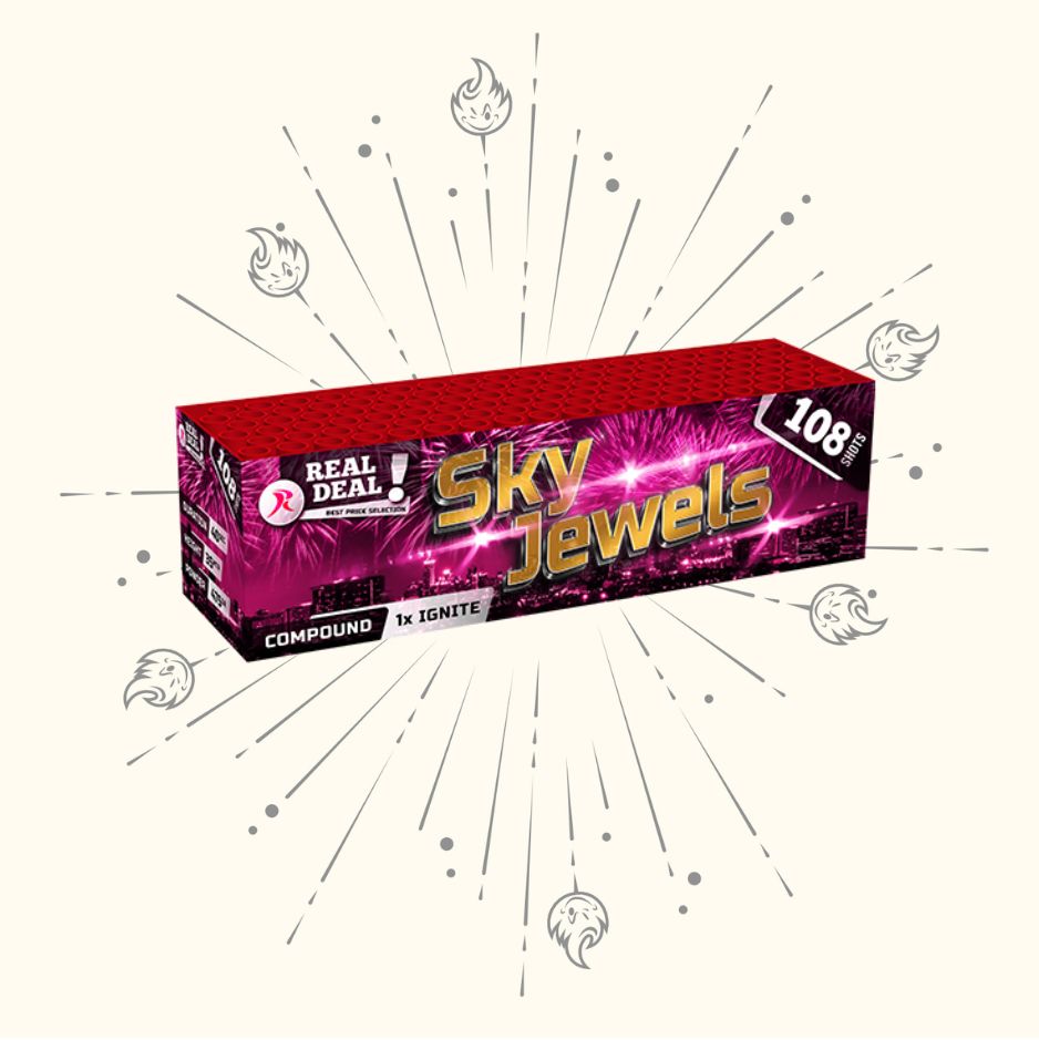 Eine rechteckige Rubro Sky Jewels 108sh | REAL DEAL! Feuerwerksdose von Rubro mit einem pink-goldenen Design, einer Stadtsilhouette, Feuerwerksgrafiken, "108 shots" und "REAL DEAL!"-Text auf hellem Hintergrund mit Funkenillustrationen.