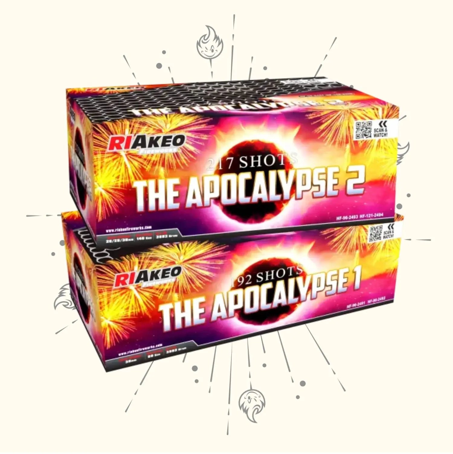 Die Riakeo The Apocalypse 1 + 2 Showbox von RIAkeo besteht aus zwei farbenfrohen Verbundfeuerwerk-Boxen mit auffallend feurigem Artwork und einem explosiven "Apocalypse"-Feuerwerksthema im Hintergrund.