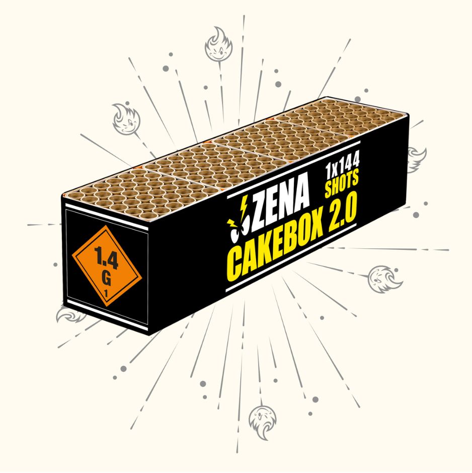 Illustration einer rechteckigen Feuerwerkskuchenschachtel mit der Aufschrift "Zena Cakebox 2.0" von Zena, mit einem 1.4G Gefahrensymbol, Feuerwerksgrafiken im Hintergrund und einem Farbschema in Schwarz, Weiß und Gelb.
